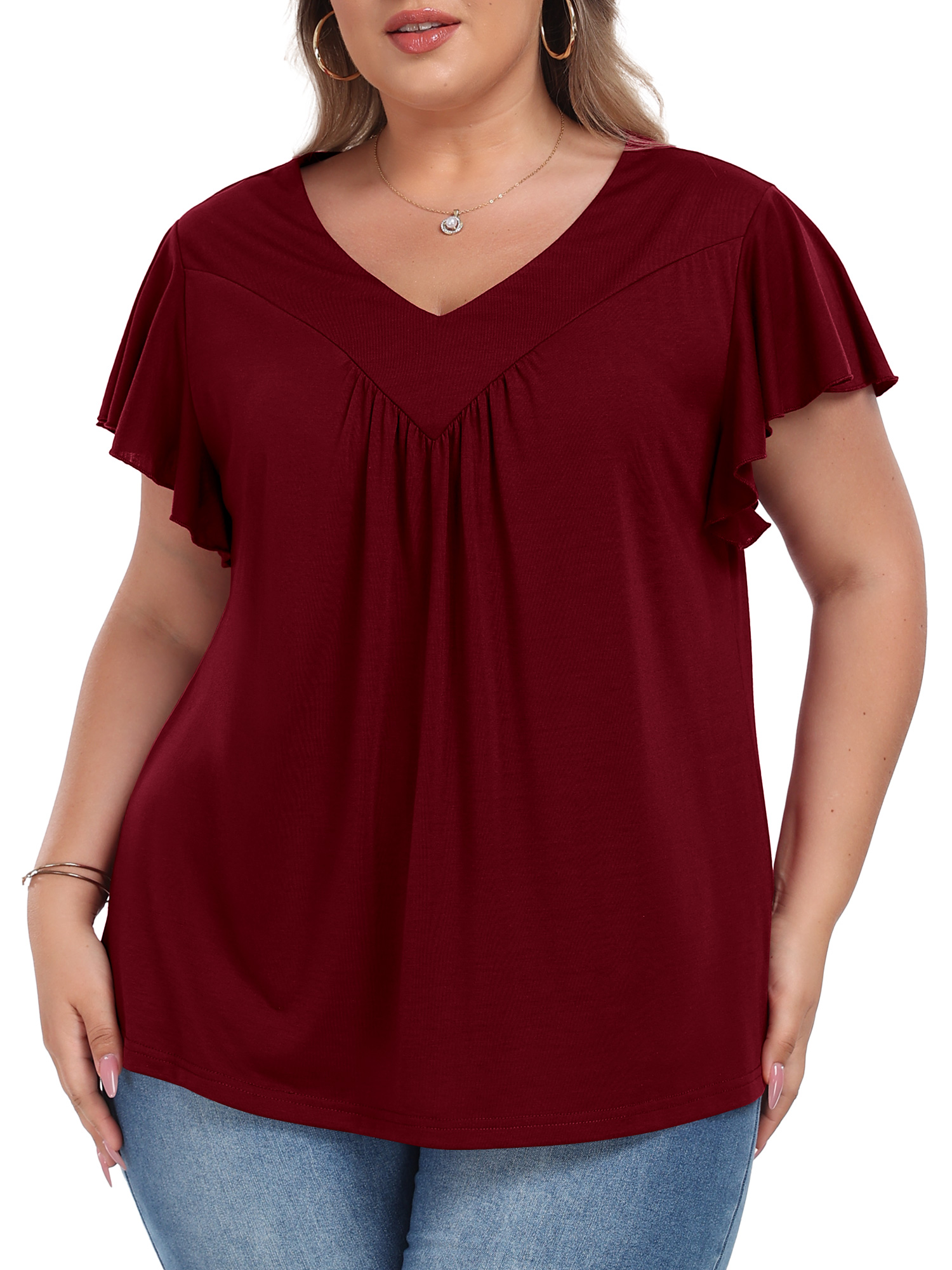 Womens Plus size Top V Neck Short Ruffled Cap Sleeves T Shirts Loose Summer Tops For Women With Neckline Shirred XL-5XL