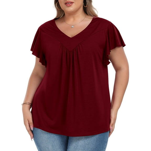 Womens Plus size Top V Neck Short Ruffled Cap Sleeves T Shirts Loose Summer Tops For Women With Neckline Shirred XL-5XL