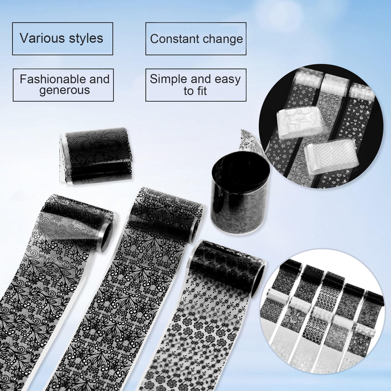 LAZIOEGR 2‑Pack 10‑Grid Nail Foil Transfer Stickers – Black & White Lace, Floral & Star Designs, Easy DIY, Non‑Toxic, Gift‑Ready