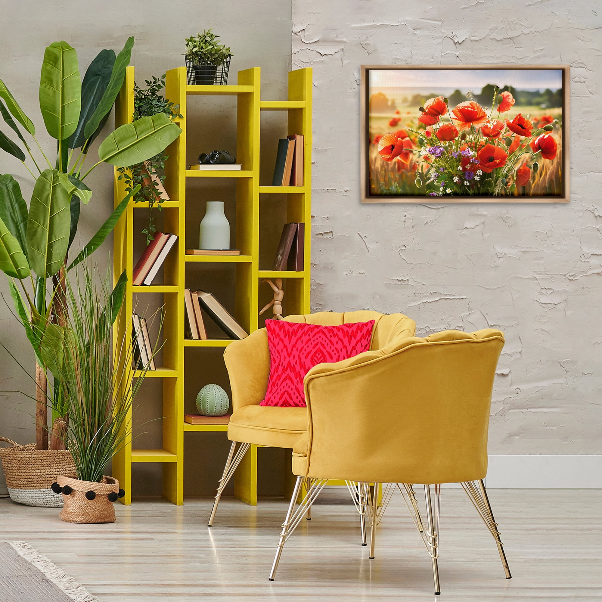 Stupell Industries Bright Sunlit Spring Meadow Plants & Flowers Painting Brown Floater Framed Canvas Art Print Wall Art, 25 x 17
