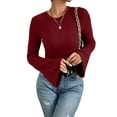 thumbnail image 2 of Women'S Bell Sleeve Crop Tops Dressy Casual Crewneck Lettuce Trim Ribbed Fitted Shirts Wine Red S, 2 of 9