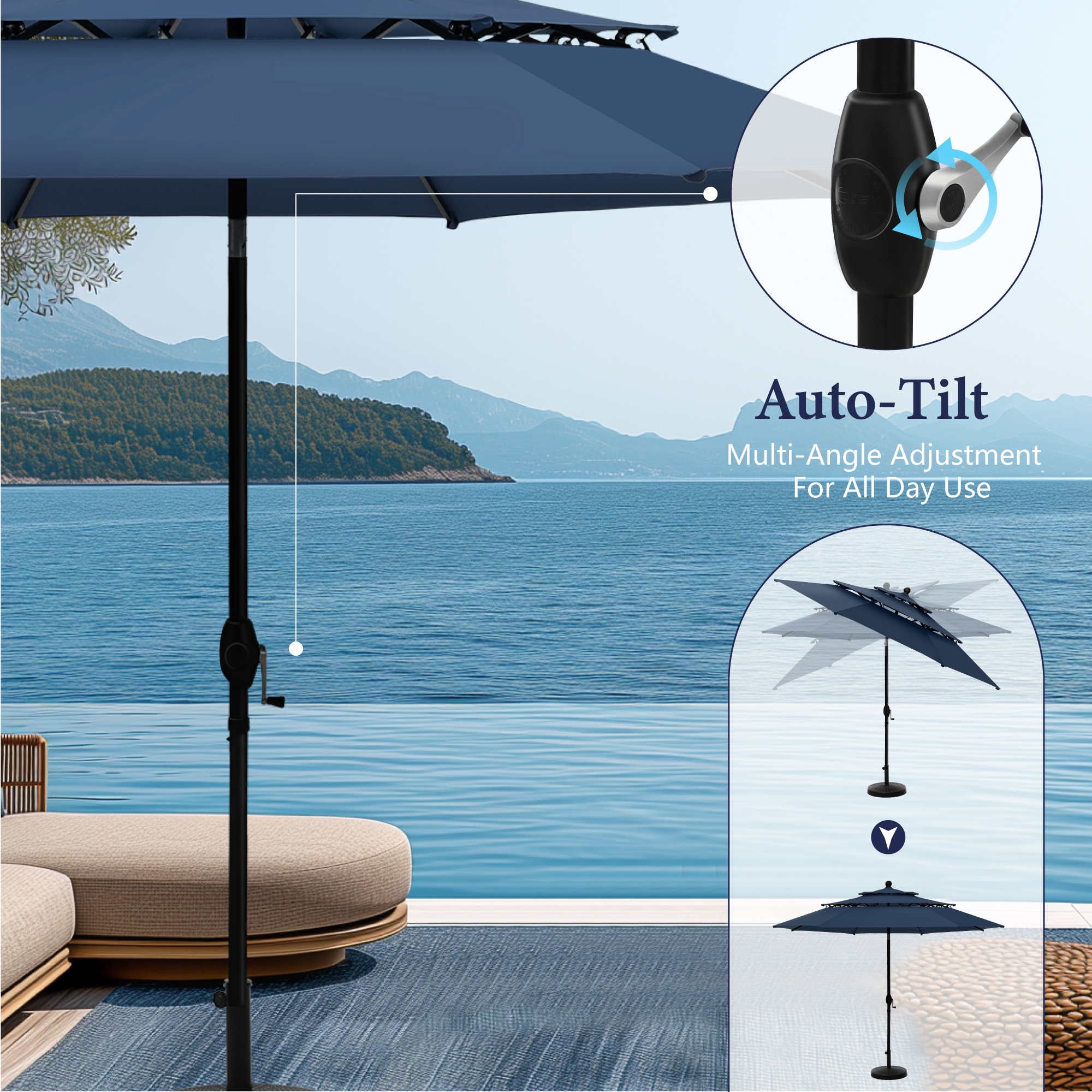 SUMMIT LIVING 10ft Patio Umbrella 3-Tier Vented Outdoor Market Table Umbrella with Auto-Tilt – Navy Blue