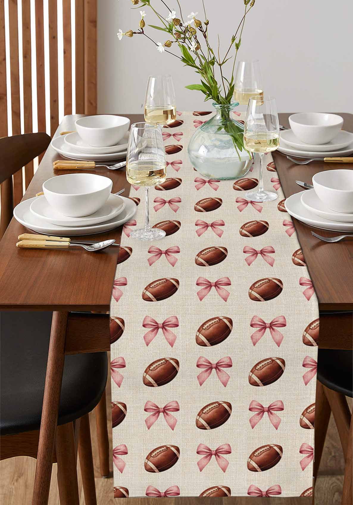 Pink Bow Football Table Runner 90 Inches, Modern Game Balls Retro Burlap Bed Runner Dresser Scarves Tabletop for Indoor Outdoor Parties/Ceremony/Banquet, 13" x 90"