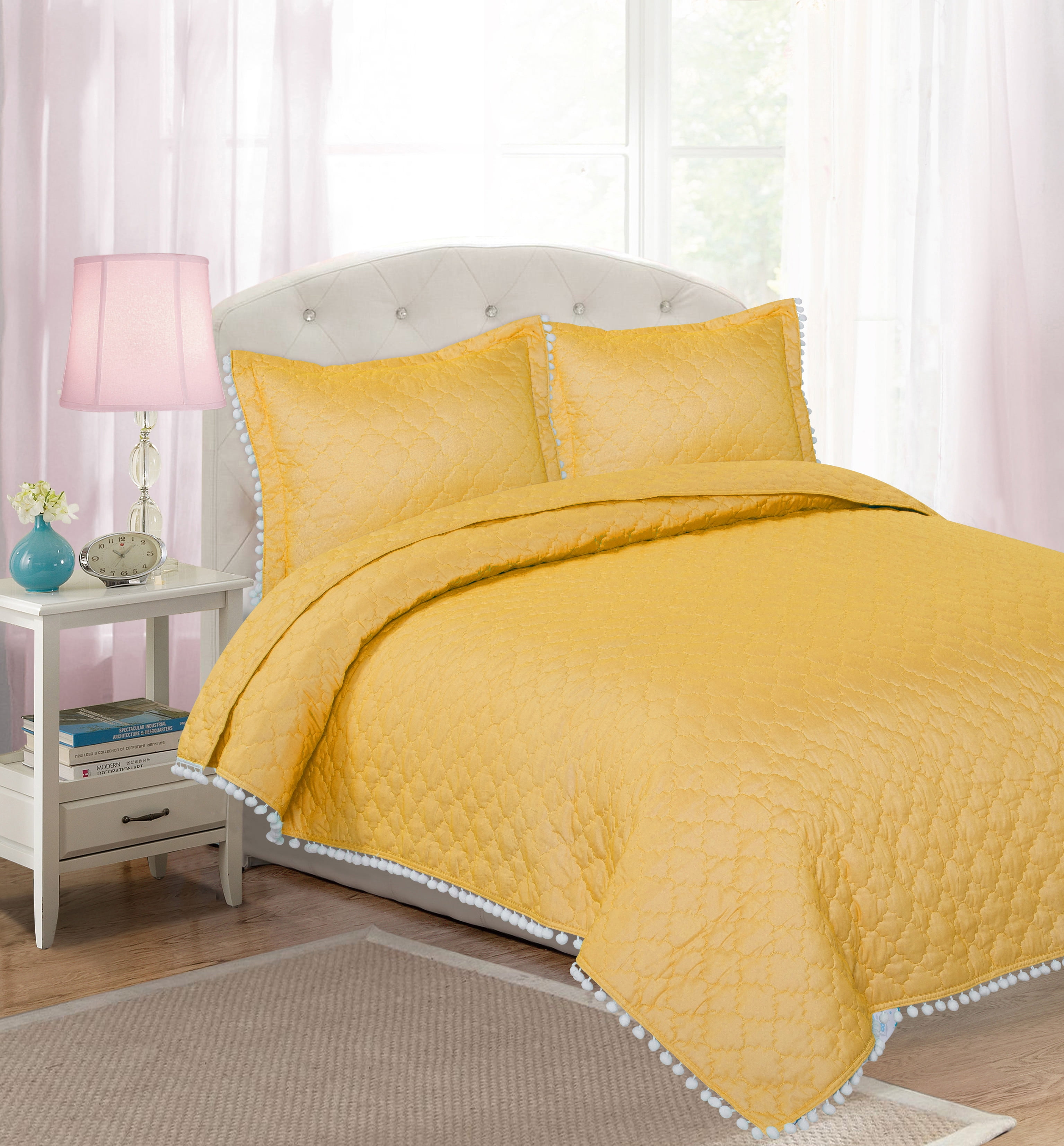 Your Zone Solid Pom Pom Quilt Set, Multiple Colors