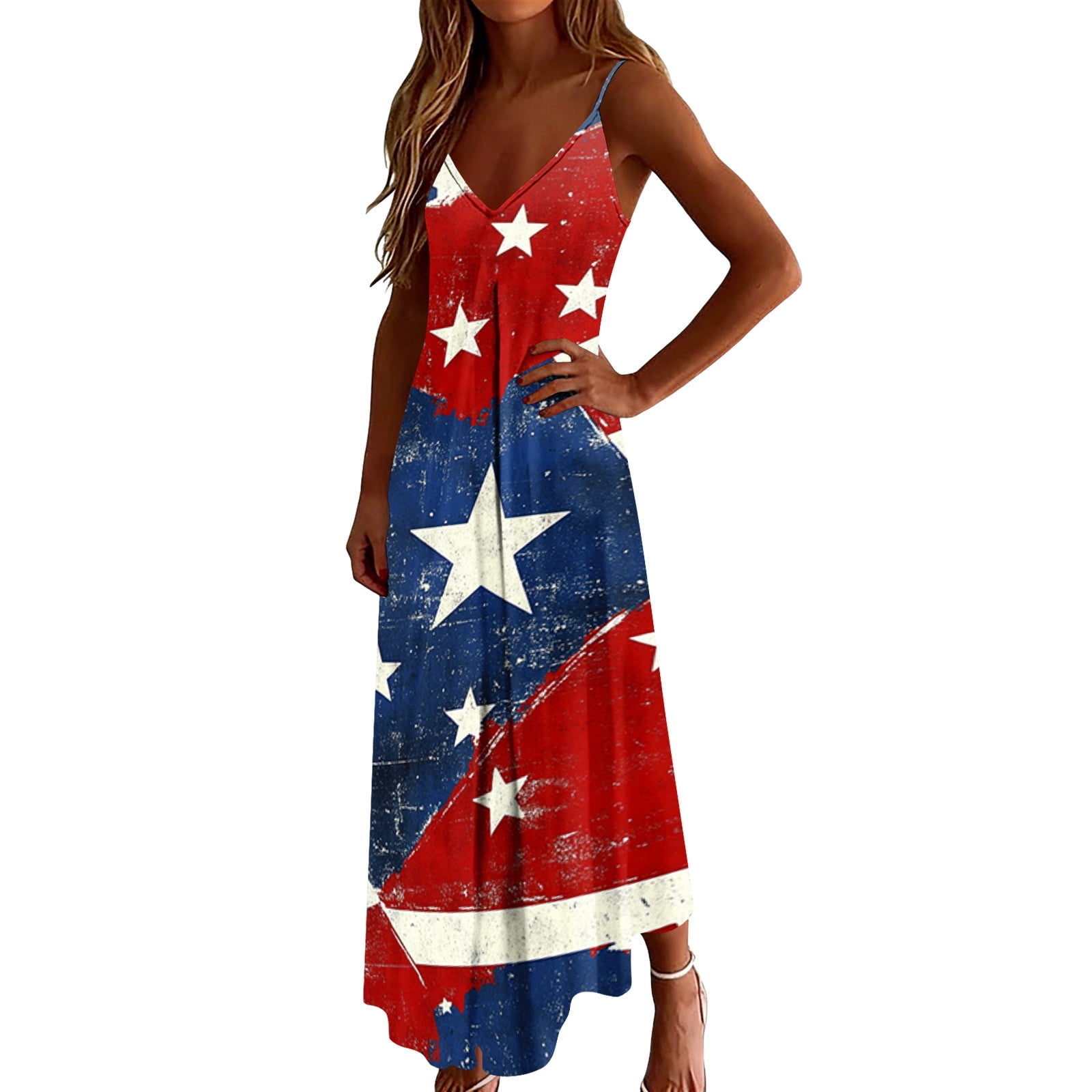 Plus Size Women 4th of July Sleeveless Dress Patriotic V Neck Maxi Dresses Spaghetti Strap Beach Long Dresses