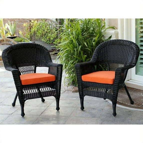 Jeco Wicker Chair in Black with Tan Cushion (Set of 2)
