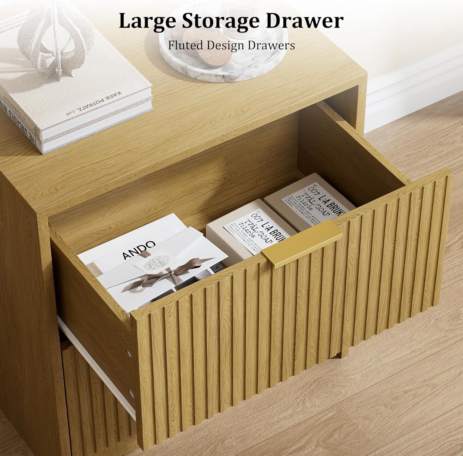 FURNIWAY Set of 2 Fluted Nightstand with 2 Drawers, Modern Storage Bedside Table with Golden Metal Handles, Wooden End Table for Bedroom, Living Room,Nature Oak