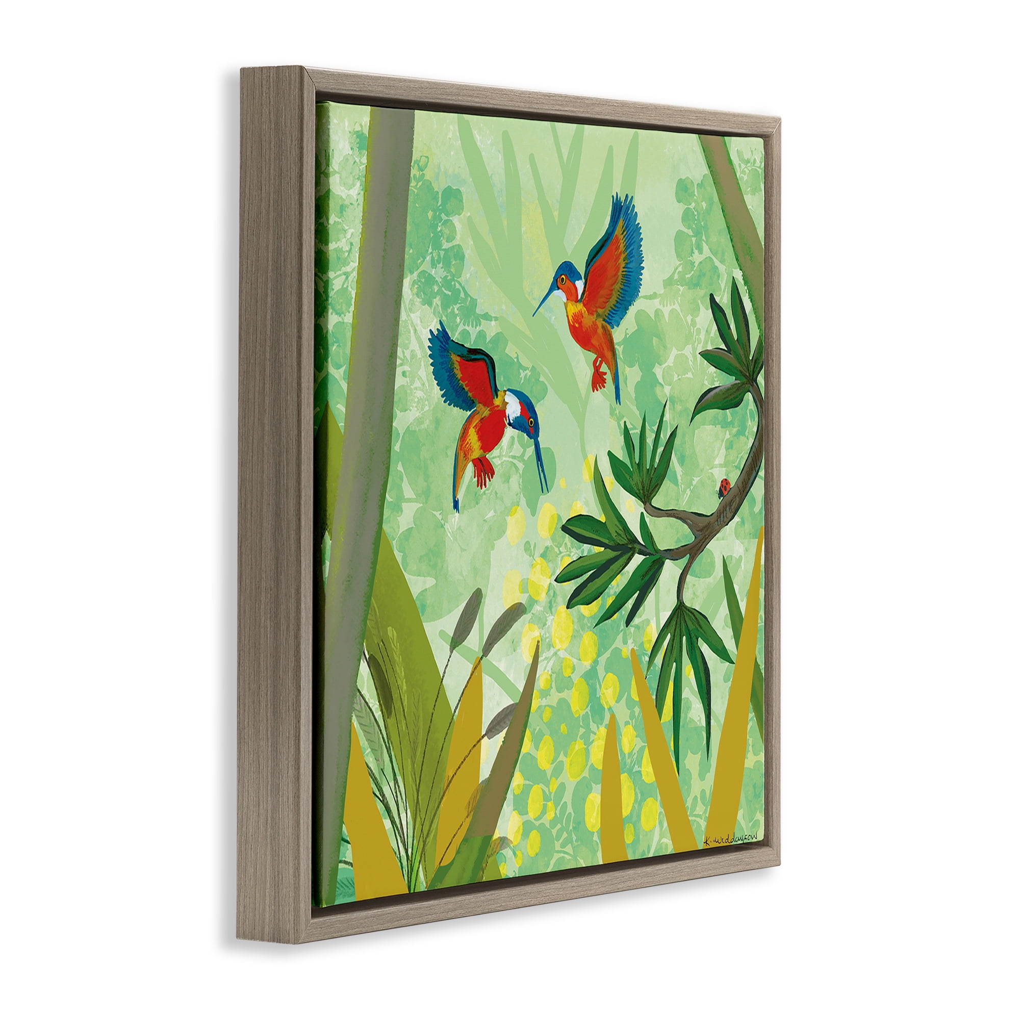 Stupell Industries Kingfishers in Jungle Branches Brown Framed Floater Canvas Wall Art, design by Kay Widdowson