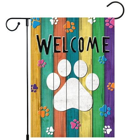 VOCHIC Welcome Spring Summer Garden Flag Colorful Footprint Summer Flags 12x18 Double Sided Burlap Vertical Spring Yard Banner for Seasonal Outdoor Farmhouse Decoration(ONLY FLAG)