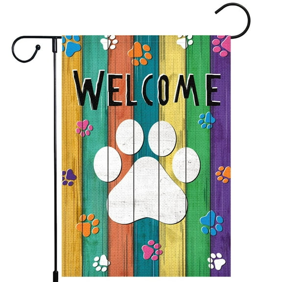 VOCHIC Welcome Spring Summer Garden Flag Colorful Footprint Summer Flags 12x18 Double Sided Burlap Vertical Spring Yard Banner for Seasonal Outdoor Farmhouse Decoration(ONLY FLAG)