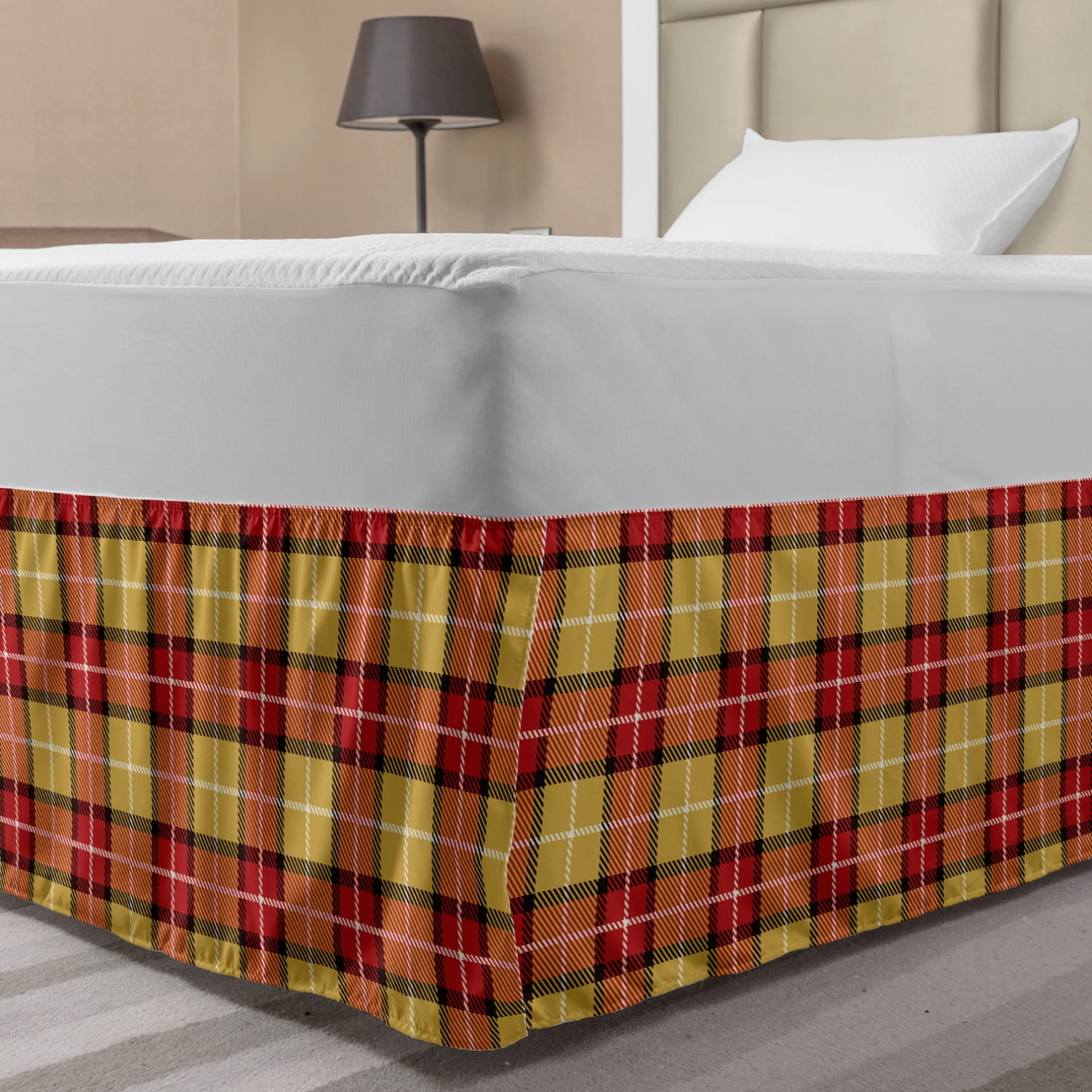 Plaid Bed Skirt, Nature Tones Plaided Classical Tartan Style Print