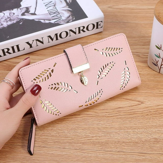 YOPTOP Sac à Main Multifonctionnel pour Femmes PU Feuilles Creuses Fermeture Éclair Long Sac à Main avec 12 Emplacements Portefeuille pour Cellulaire pour Billet de Banque, Rose