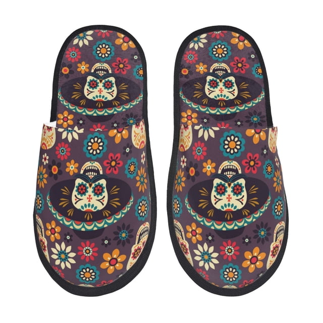Fotbe Skulls and Flowers Pantuflas Peludas para Mujer con Estampado, Zapatillas de Peluche, Zapatos de Invierno para Casa, Uso Interior y Exterior-Medium