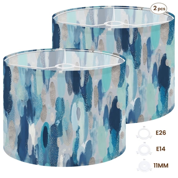 2pcs Set Drum Lampshades (13"x 13"x 10"), Abstract Blue Teal Brush Strokes Silver Accents Fabric Large Replacement Shades for Table, Floor, and Pendant Lamps, Simple Assembly Needed.