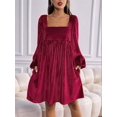 thumbnail image 6 of Women'S Loose Fit Square Neck Long Sleeve Velvet Mini Babydoll Dresses Shift Dress Wine Red M, 6 of 9