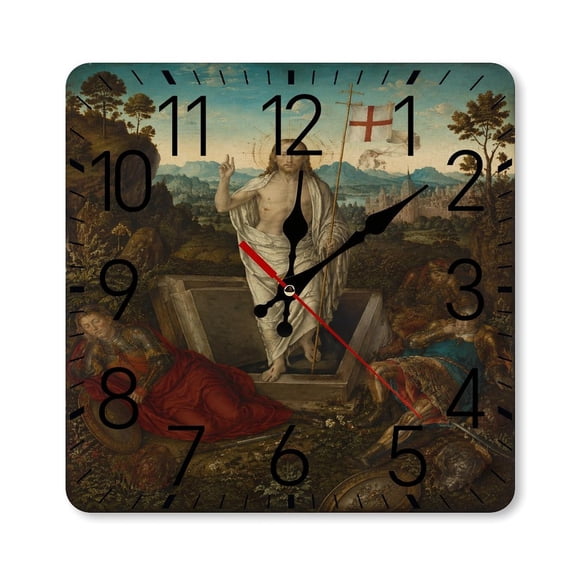 RKSupls 10×10inch Square Silent Wall Clock Wooden Frame, Resurrection with Banner.png Scale Decorative Clock for Home Bedroom Living Room Office