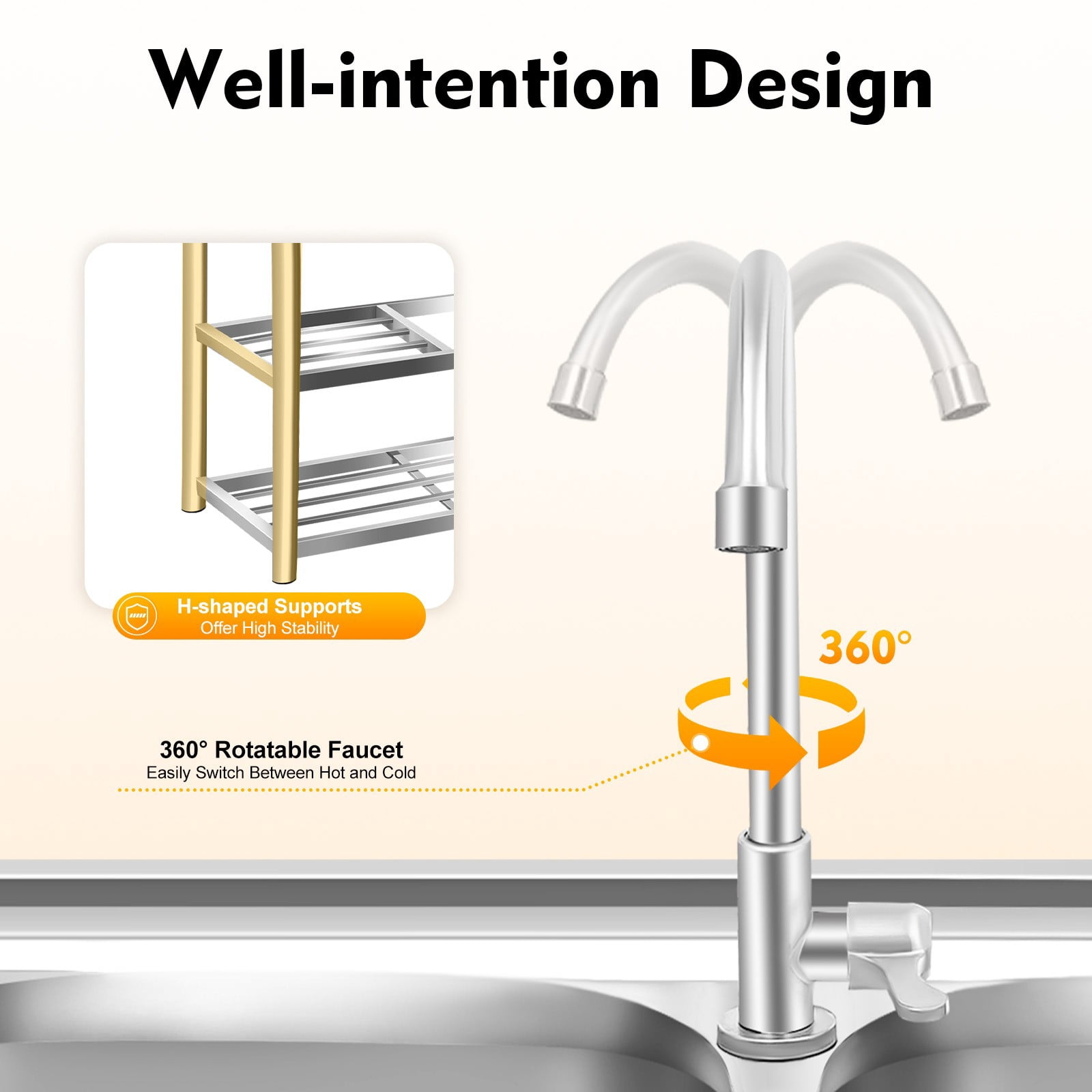 DUYIWAA Stainless Steel Sink Double-basin Commercial Kitchen Utility Sink with Faucet, Drainboard & Prep Table