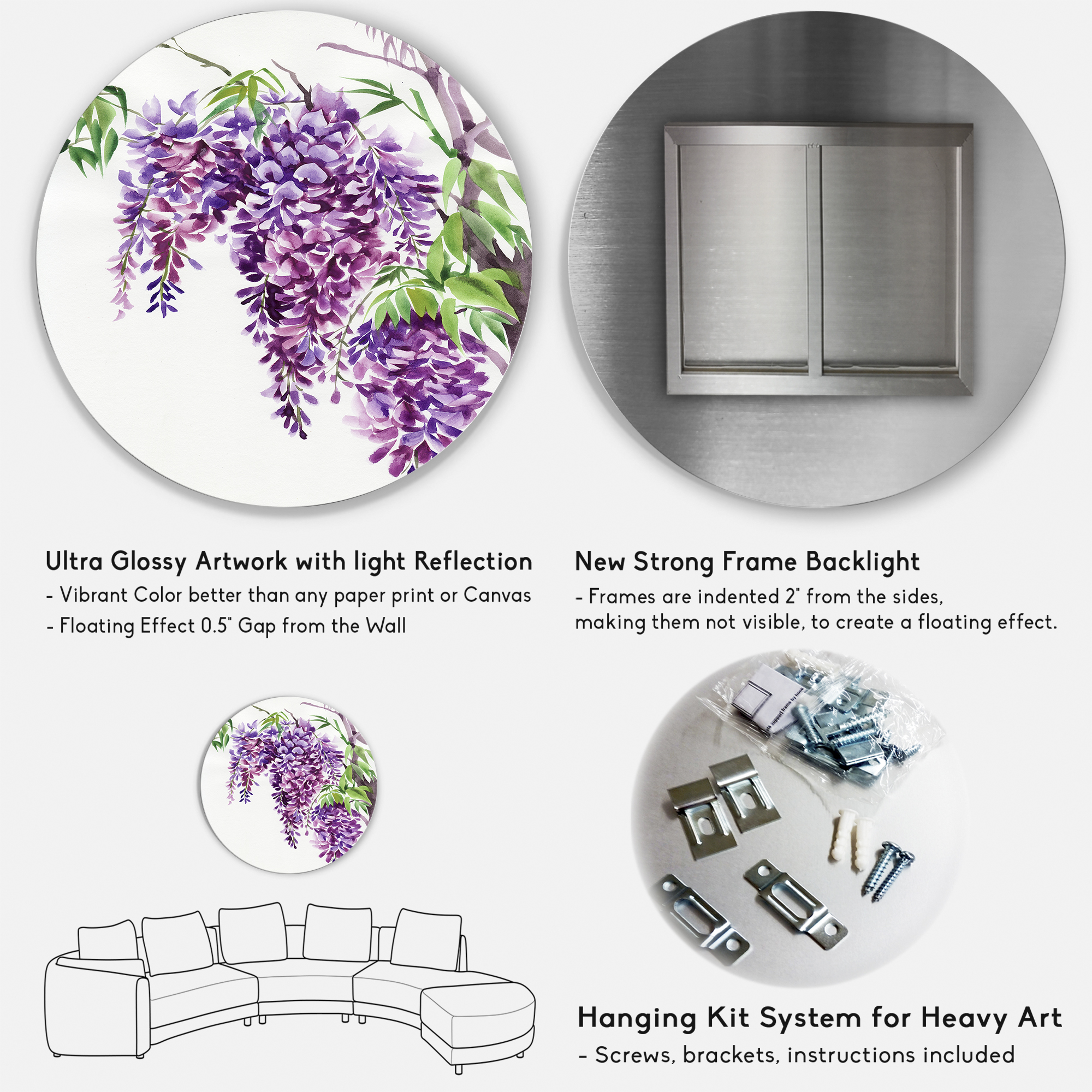 Designart 'Wisteria Purple Branches' Traditional Circle Metal Wall Art 11x11 - Disc of 11