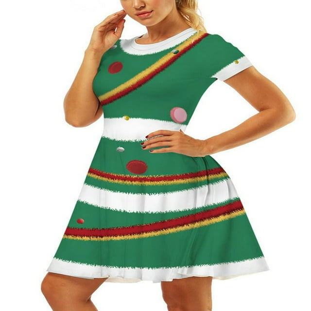 Robe de Noël pour Femmes à Manches Courtes Robe de Dessin Animé pour les Vêtements de Fête de Vacances