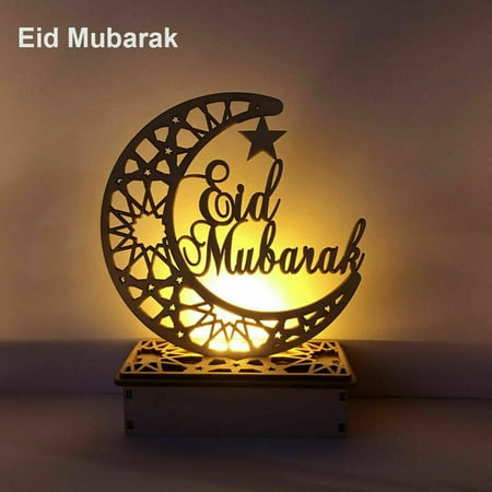 

Home Party Decor Wooden Eid Mubarak Lantern LED DIY Lamp Festival Night Light