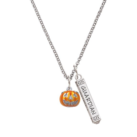 Delight Jewelry Silvertone Small Orange Jack O'Lantern with Stem Silvertone Guardian Angel Bar Charm Necklace, 23"