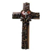 Rustic Carved Faux Wooden Floral Scrollwork With Red Heart Multi Tone Wall Cross