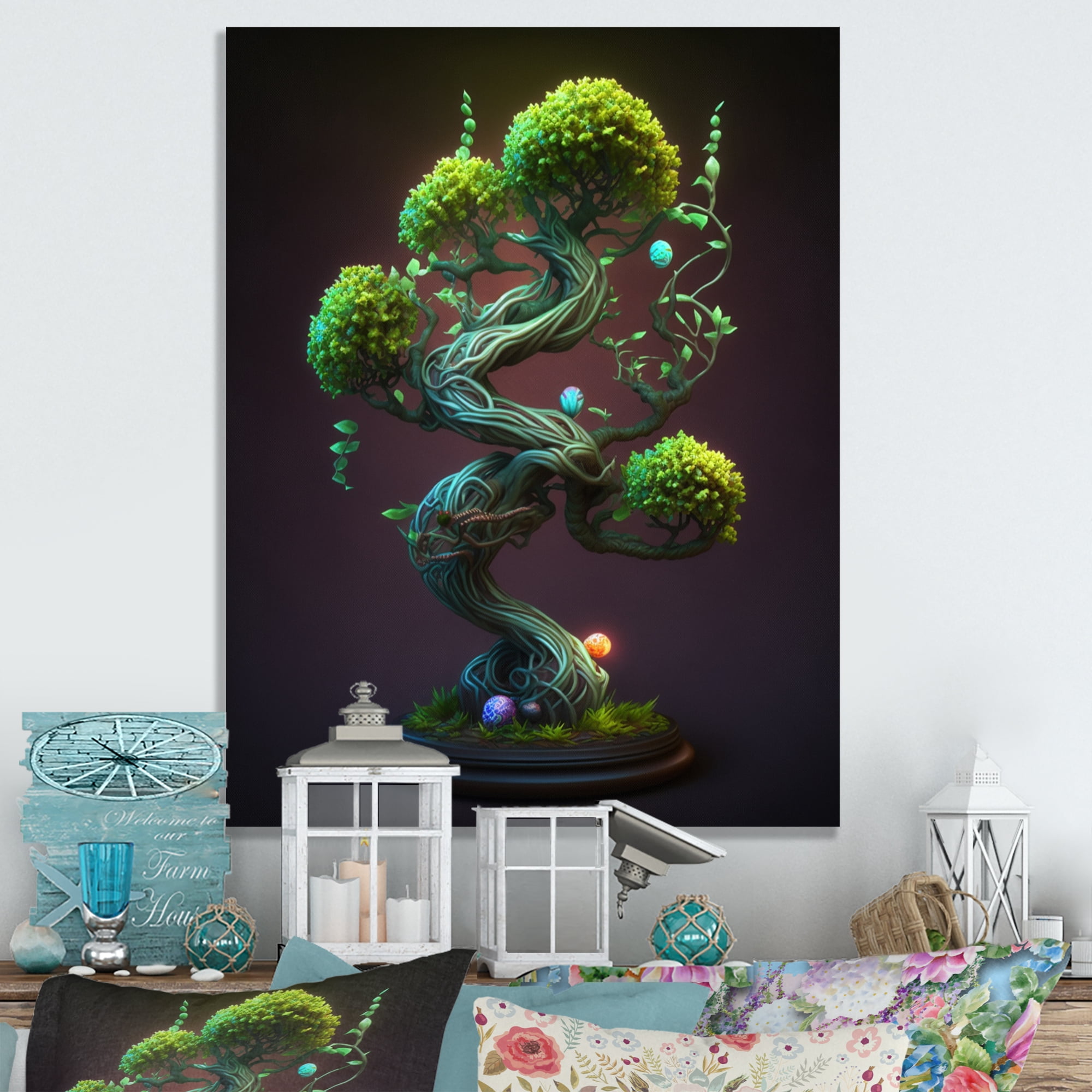Designart Neon Bonsai Swirl Tree III Canvas Wall Art
