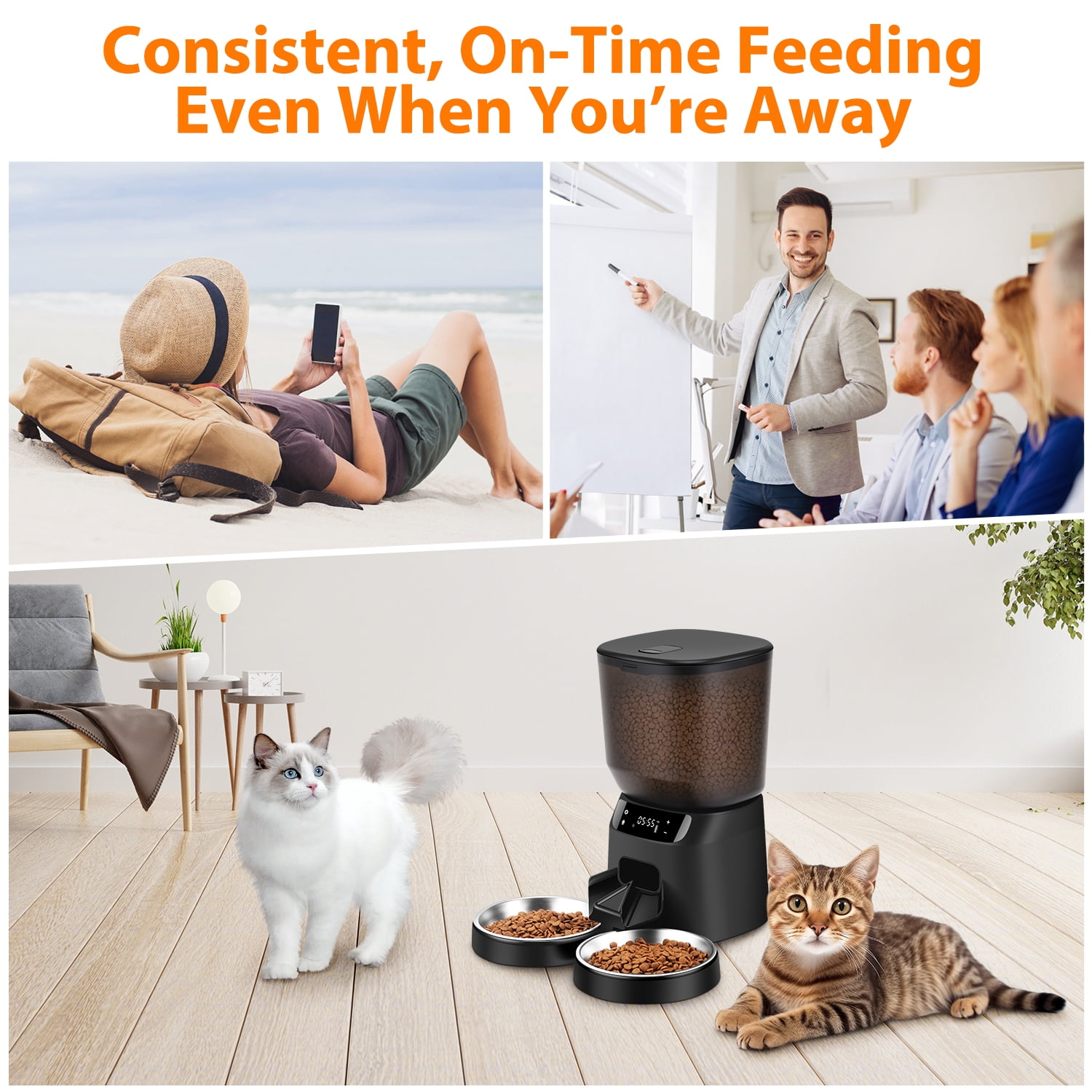 Automatic Cat Feeders for Two Cats, 5L/20 Cups Double Automatic Cat Food Dispenser with 2 Stainless Bowls, Timer Setting 20 Portions 6 Meals Per Day, 10s Meal Call, Pet Feeder for Cat