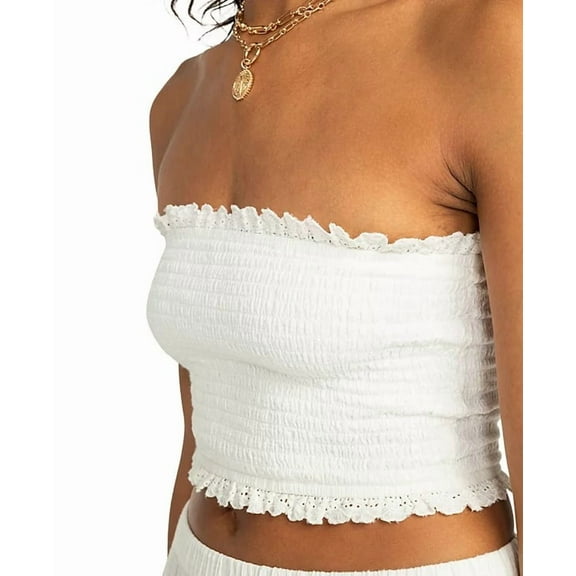 Roxy SNOW WHITE Women's Juniors' Warm Waters Smocked Eyelet Crop Top, US Medium