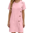thumbnail image 5 of Vivianyo HD Women's Round Neck Mini Dress, Womens Casual Dress with Diagonal Side Button Short Sleeve Summer Dresses, Women's Pink, Sizes S-2XL, 5 of 6