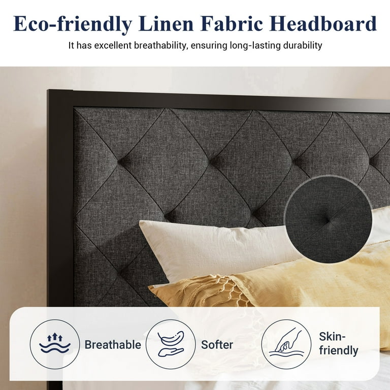 Allewie Twin Size Metal Platform Bed Frame with Tufted Diamond Stitched  Fabric Headboard, Dark Grey