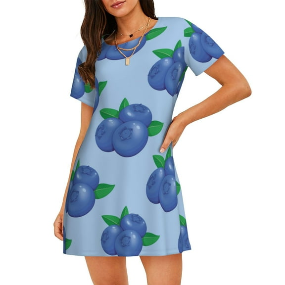 Cotton Nightgowns for Women - Blueberry Print Blue Sleep Shirts for Women's Nightgowns & Sleepshirts, Soft Cotton Pajama Dress Shirts for Women, House Dress Sleepwear for Women