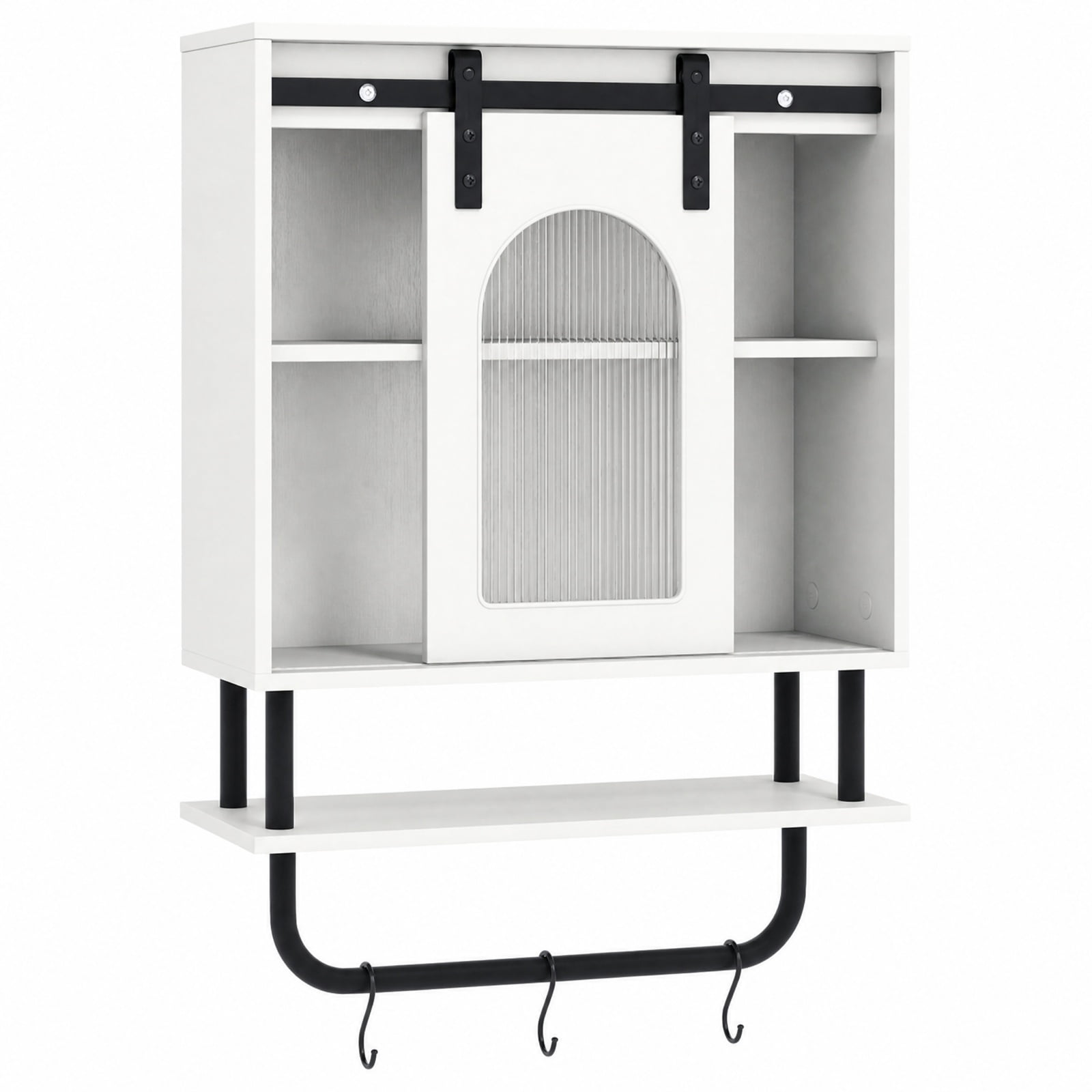 Vebreda Bathroom Wall Cabinet with Sliding Barn Door and Metal Hanging Bar with 3 Hooks, Stylish Farmhouse/Industrial Charm, Secure Wall Mounting