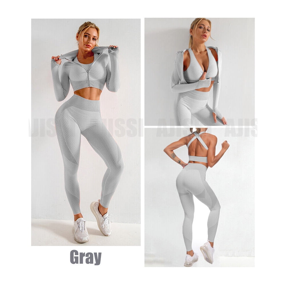 3-PC Womens Spandex Outfit, Active Yoga Pants, Zipper Top, Sports Bra Set,  Gray Fitness Wear - Walmart.com