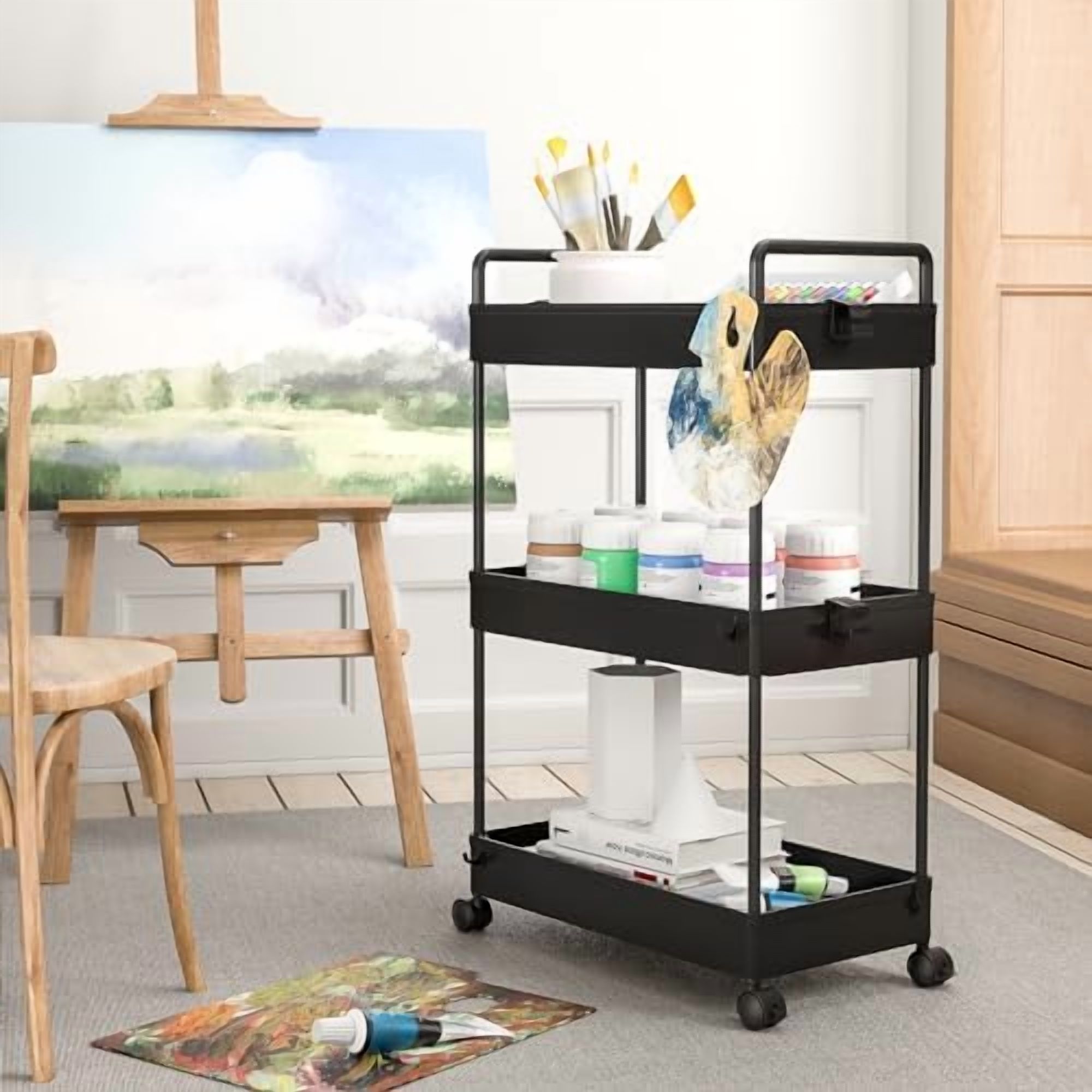 3 Tier Slim Rolling Storage Cart with Wheels Plastic Utility Cart Organizer for Snack Craft Art Postpartum Baby Diaper Nail Makeup in Bathroom Laundry Room Kitchen Bedside Narrow Space, Black