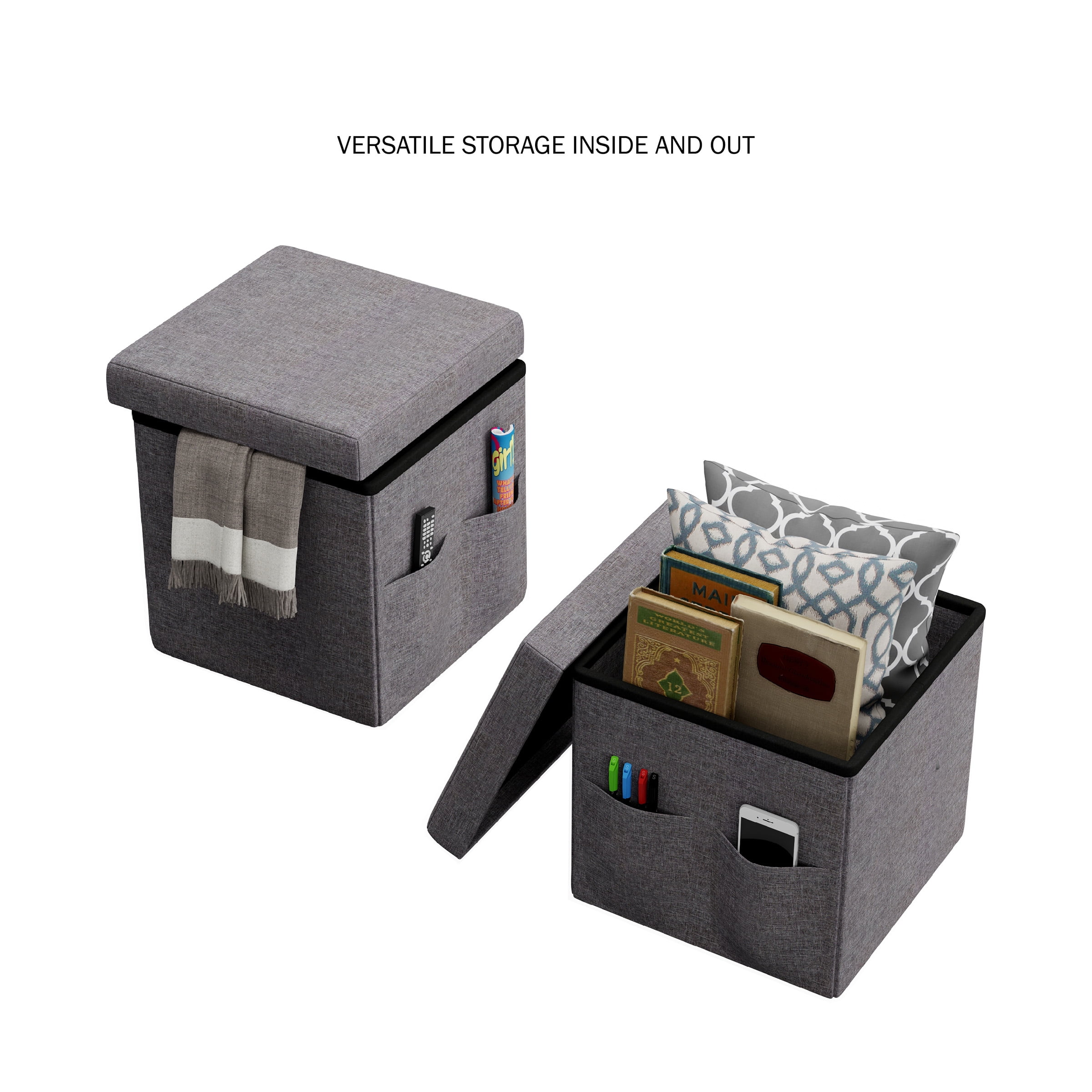 Lavish Home Set of Two 15-Inch Folding Ottomans with Storage Pockets (Dark Gray)