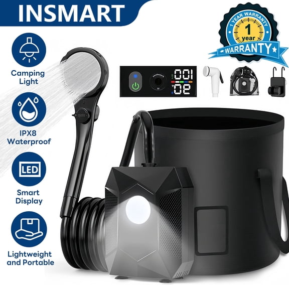 INSMART Portable Camping Shower, 6000mAh Long-Lasting Rechargeable Shower Pump with LED Display & IPX8 Waterproof for Outdoor Hiking, Beach, Pet Bathing