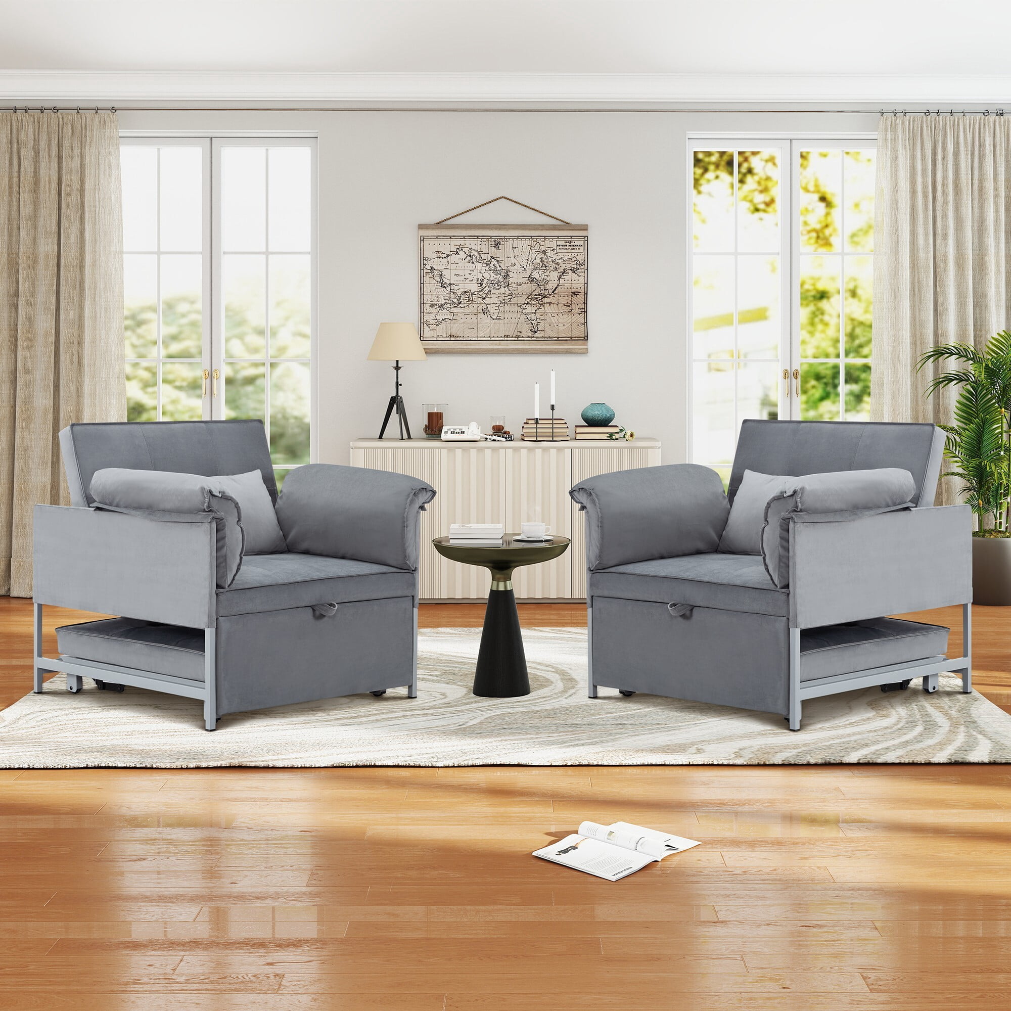 AENKYO 3-in-1 Convertible Sleeper Chair Bed with Adjustable Backrest, Velvet Chaise Lounge Sofa for Small Spaces, Gray