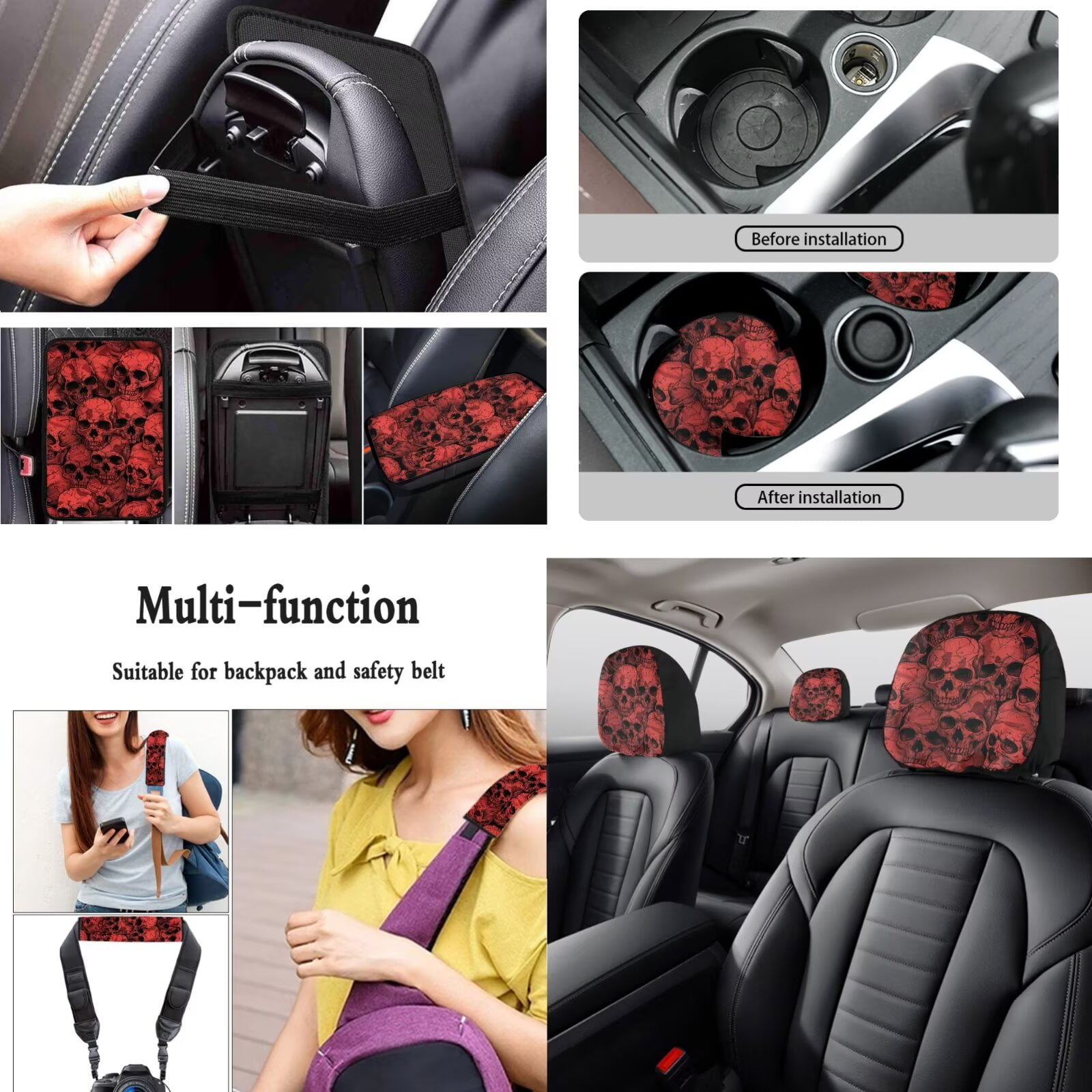 LedBack Skull Printed Car Seat Covers Full Set with Steering Wheel Covers Seat Belt Covers Head Rest Covers Lipstick Holder Keychain Car Rear View Mirror Protector Car Accessories, 15 Pack