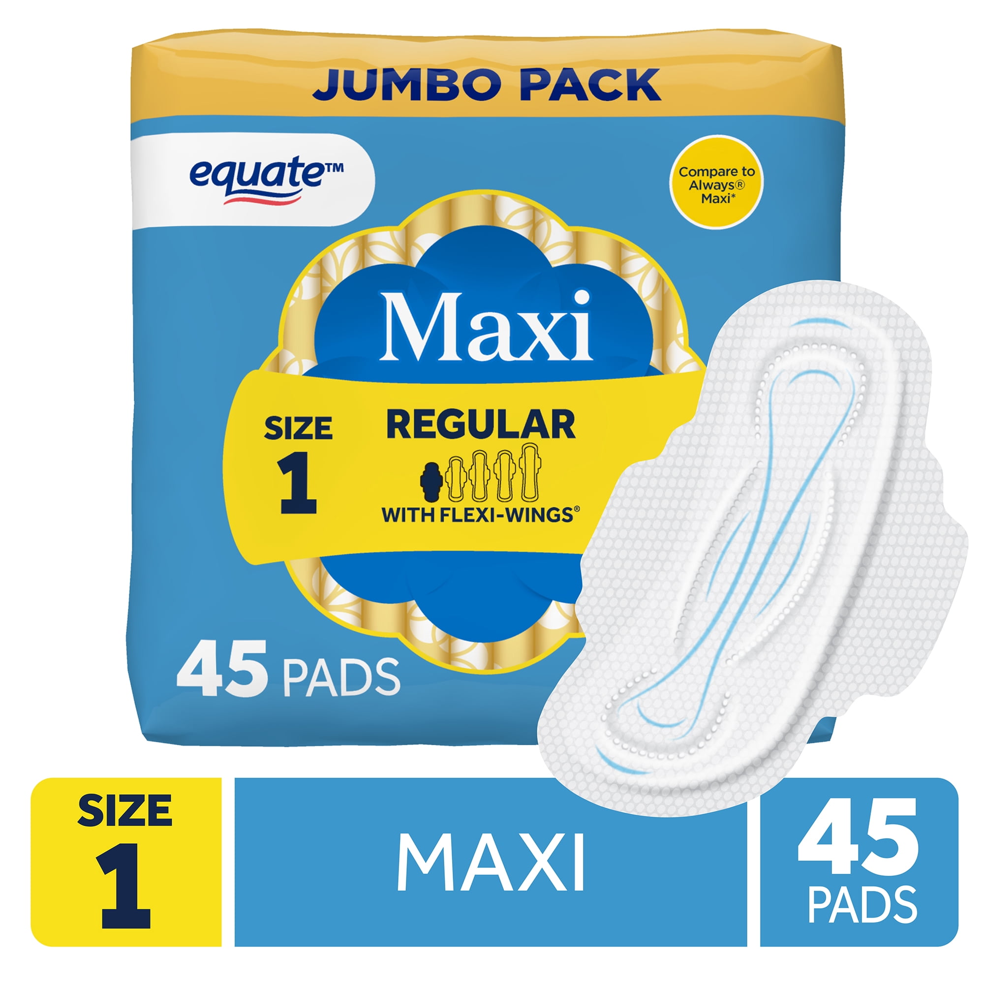 Equate Maxi Pads with Flexi-Wings, Regular Absorbency, Size 1, 45 Count