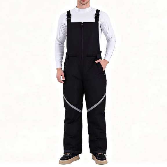 Tearom Men's Windproof Insulated Snow Pants Black Waterproof Suspender Pants with Reflective Strips, Size M