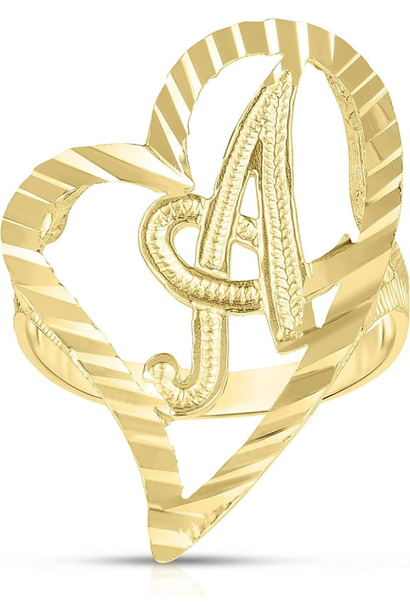 10k Yellow Gold A-Z Cursive Letter and Heart Initial Ring, Medium Heart (0.9")