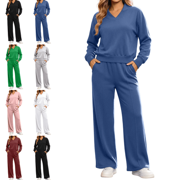 Mifsaly Plus Size Womens Sweatsuits 2 Piece Set V Neck Sweatshirts and Wide Leg Pants Fall Winter Going Out Athletic Gym Lounge Matching Outfits