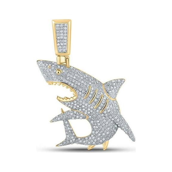 10kt Yellow Gold Mens Round Diamond Shark Animal Charm Pendant 7/8 Cttw