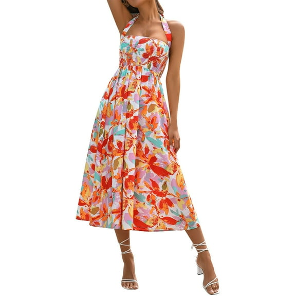 Womens Summer Boho Maxi Skirt Floral Elastic High Waisted A Line Swing Tie Flowy Long Skirts