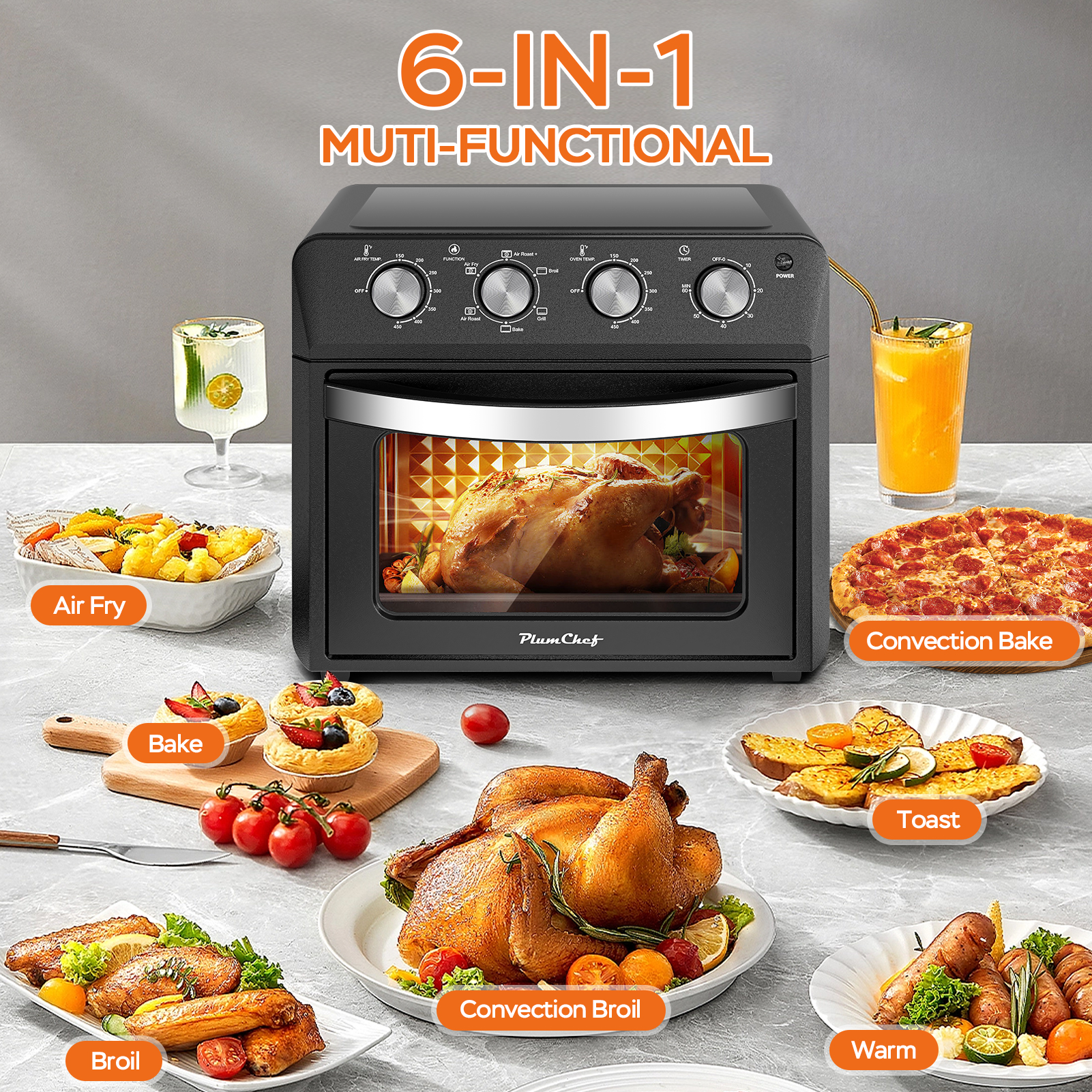 Plum Chef 27.5QT Air Fryer Toaster Oven Combo, 6-in-1 Countertop Convection Oven with Air Fry, Bake, Broil, Toast, Warm & Dehydrate, Includes Tray & Rack, Family Size, Stainless Steel Door, Black