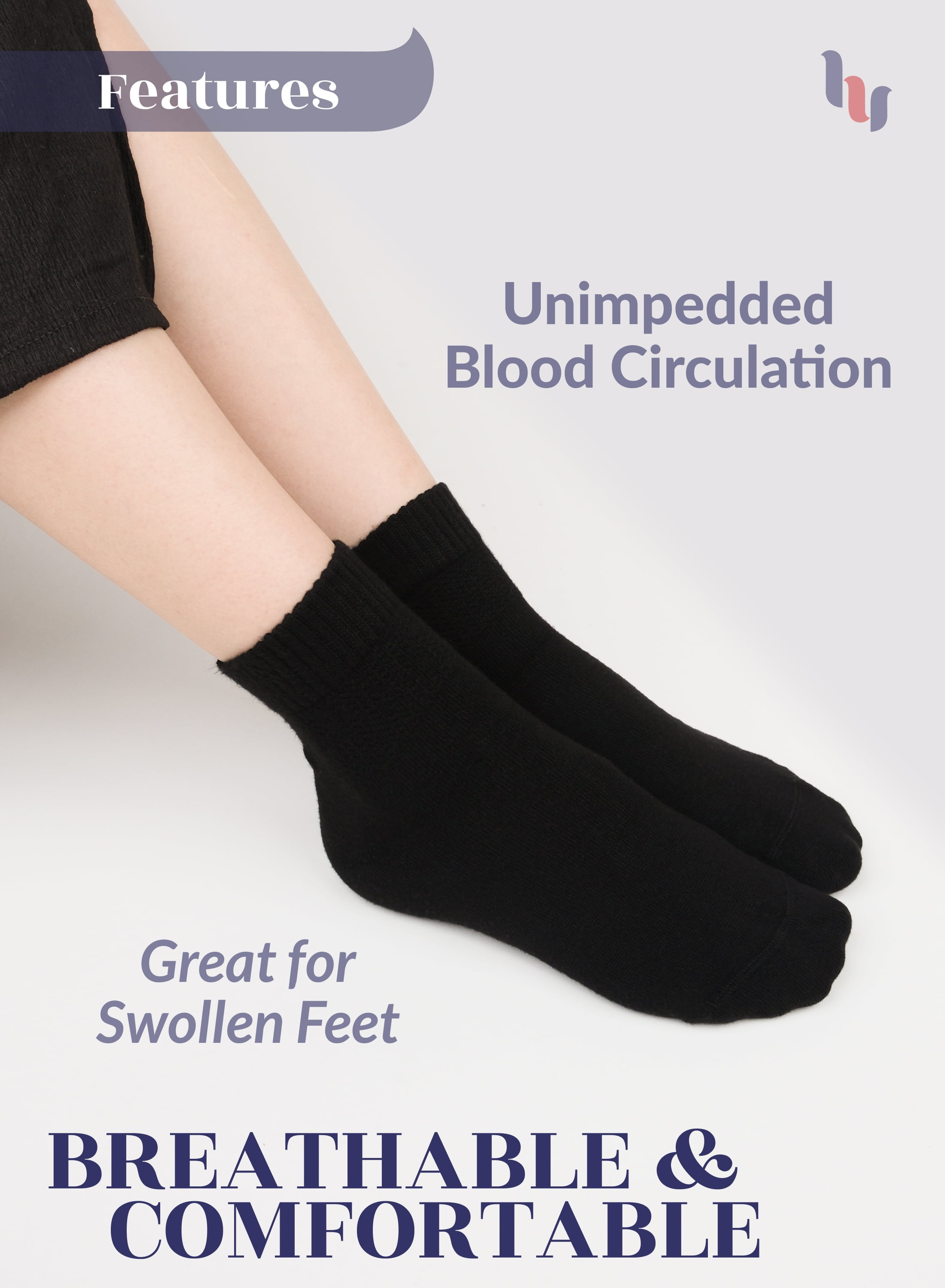 Hugh Ugoli Mid Ankle Diabetic Socks for Women, Soft Bamboo, Wide & Loose, Seamless Toe, 4 Pairs, Black
