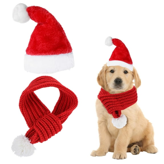 Christmas Dog Santa Hat and Scarf, Adjustable Santa Hat for Dog Christmas 40cm/15.6in Dog Scarf Dog Winter Neck Warmer Scarf Doggy Neck Costume Set for Cats and Small Dogs