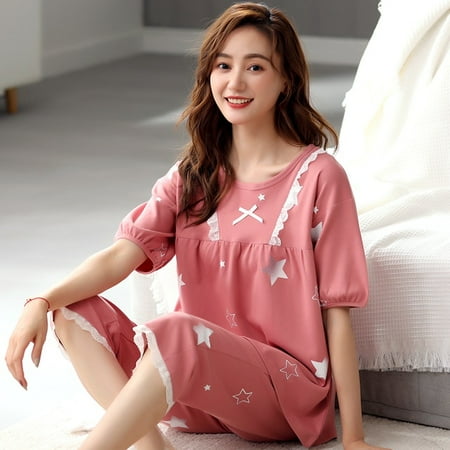 

PIKADINGNIS Women Sleepwear Suit Summer Autumn Womens Full Cotton Short Sleeve Pajamas Set Loose Adult Mother Sleepwear Set Soft Home Cloth