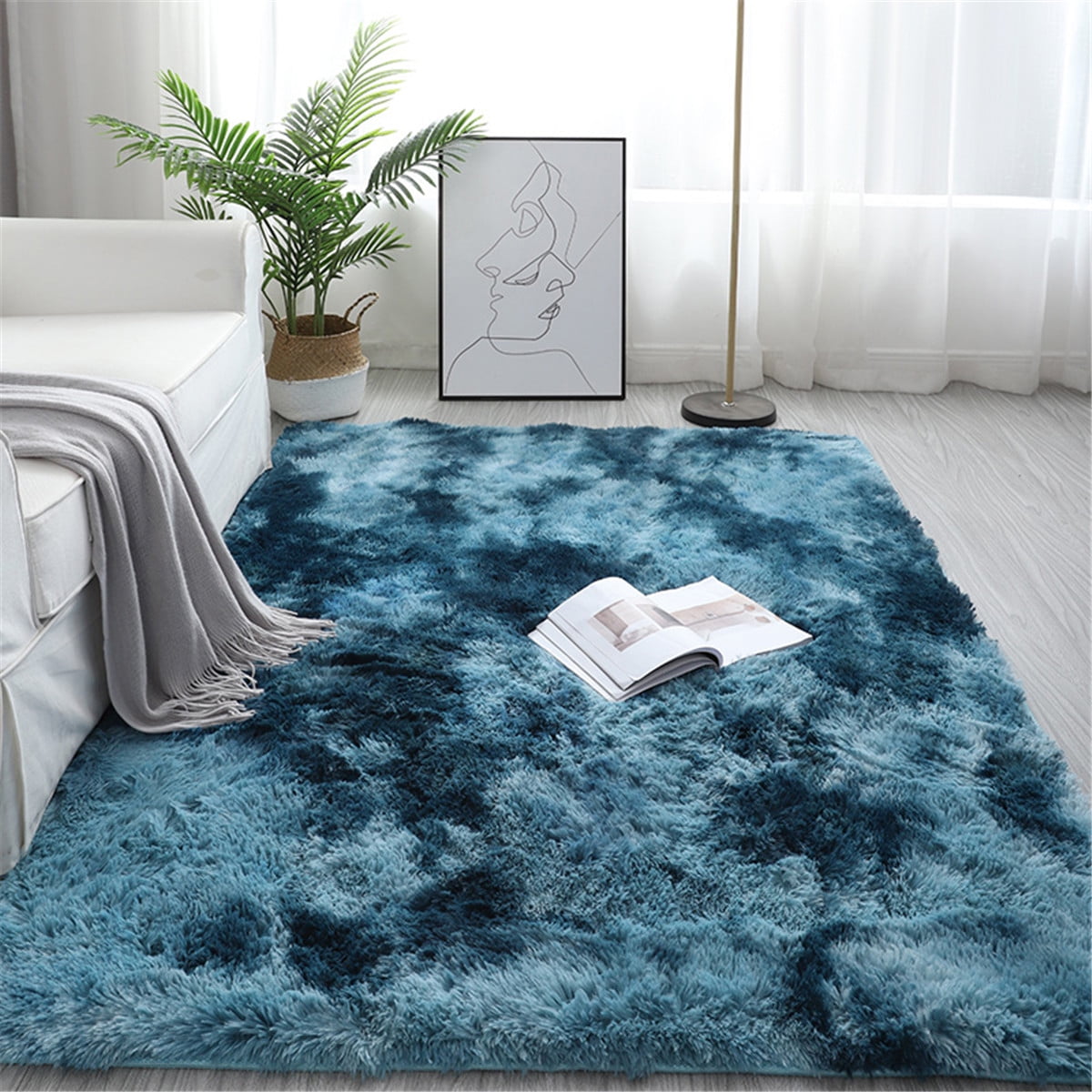 Shaggy Rug with Green Accent Long Pile Cuddly Living Room Stylish Bedroom Carpet 